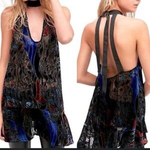 Free People Velvet Burnout Halter Mini Dress XS Backless Tie Neck